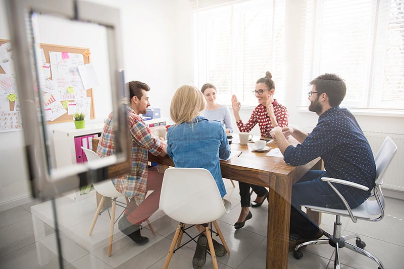 the young team discusses the design of the website, docket book, banner, sign, vehicle signage